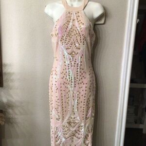 Dress the Population Pink Sequin Halter Sheath Dress
